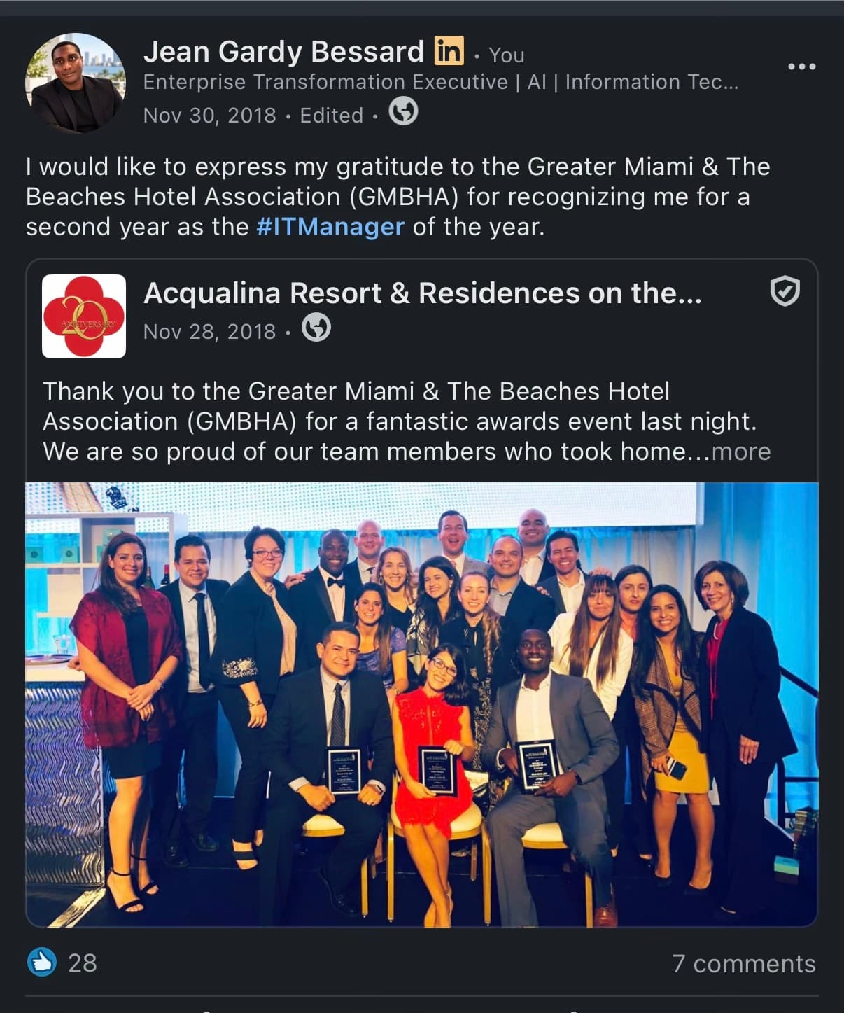 2017 GMBHA Hospitality Leadership Award plaque presented to Jean Bessard in the IT Manager category